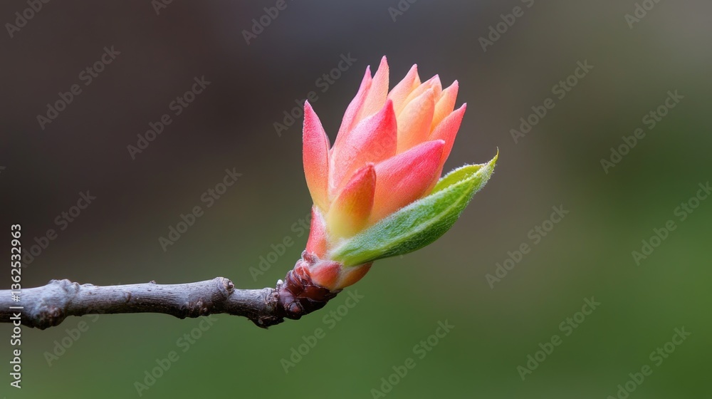 Fototapeta premium Blooming flower on a tree branch. Spring flowers and leaves.