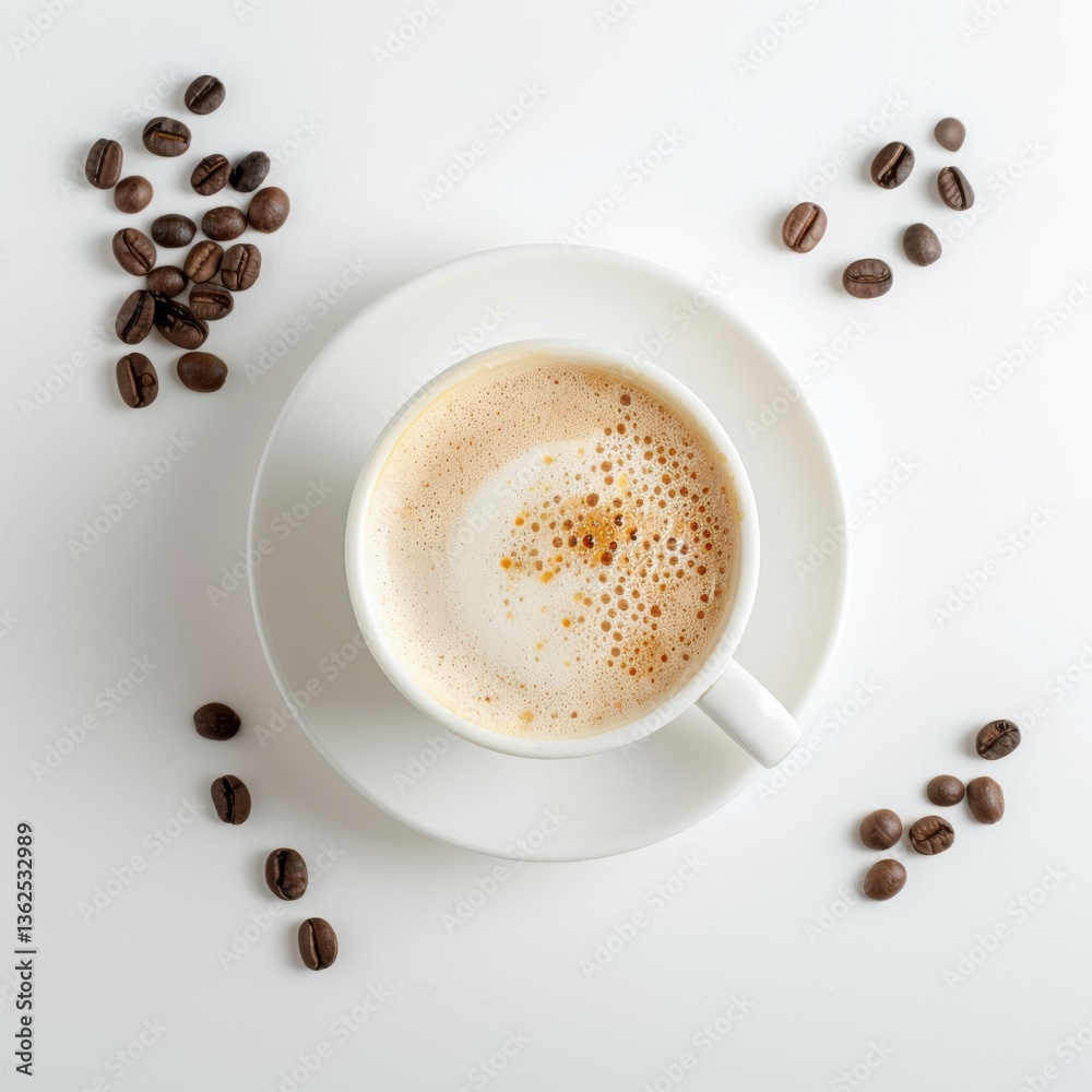 Fototapeta premium Delightful cappuccino in a white cup surrounded by coffee beans in a minimalistic setting
