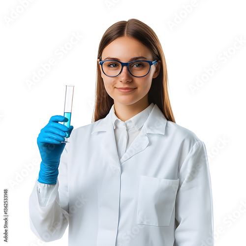 Female scientist in lab coat and glasses holding a test tube with blue liquid. Smiling. Isolated on white. Medical researcher or student. 