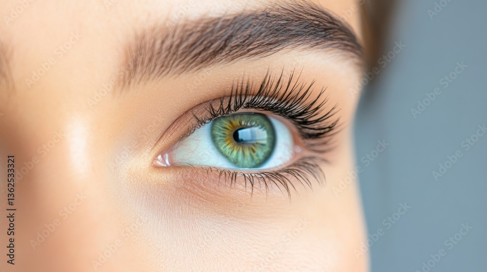 Obraz premium Close-up of part of girl's face with green eye and eyebrow. Close-up of eye, eyebrow and eyelashes.
