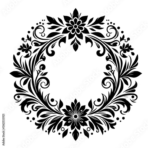 A symmetrical black and white floral wreath design, featuring stylized blossoms, leaves, and swirling embellishments around a central empty space.