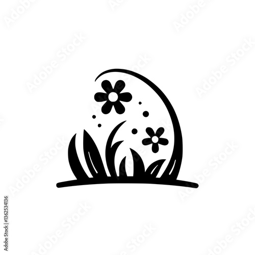 A minimalist black and white illustration showcasing an egg-shaped form with stylized flowers and greenery, on a plain white background.