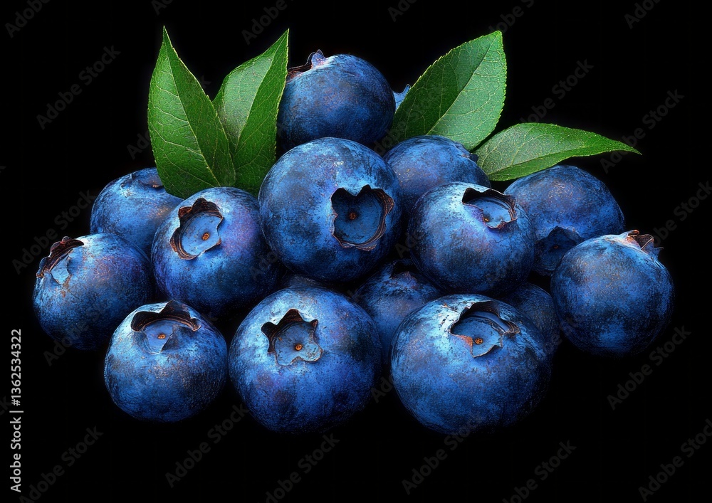 Obraz premium A bunch of blueberries with green leaves on top