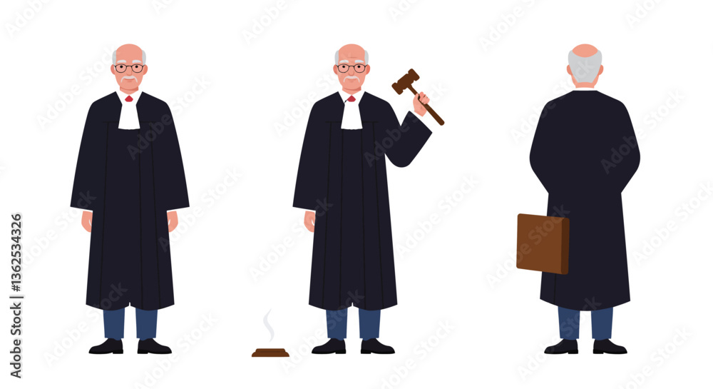 Judge character illustration in flat design showcasing three distinct poses of authority and professionalism vector art Judge character illustration in flat design showcasing three distinct poses of authority and professionalism vector art