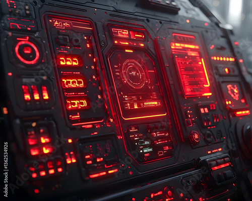 Futuristic dashboard with glowing red screens and controls