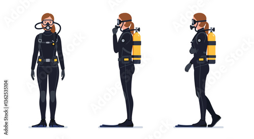 Diver in wetsuit engaging with equipment in flat vector art