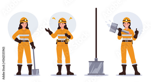 Female construction worker in uniform performing tasks in flat vector art
