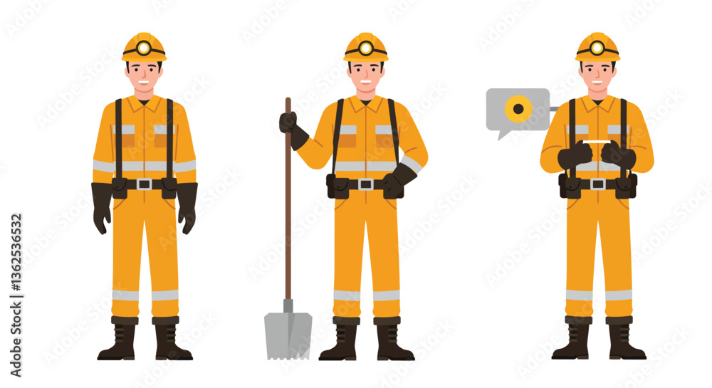 Construction worker character series in flat design style showcasing three action poses vector illustration Construction worker character series in flat design style showcasing three action poses vector illustration