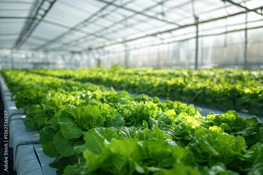 Rows of vibrant green lettuce thrive under the bright sunlight in a modern greenhouse. A lush, healthy crop ready for harvest. Rows of vibrant green lettuce thrive under the bright sunlight in a modern greenhouse. A lush, healthy crop ready for harvest.
