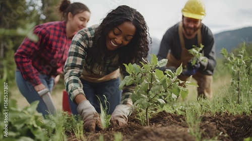 Group of diverse individuals planting seeds, engaged in community gardening, vibrant green surroundings, collaborative effort.