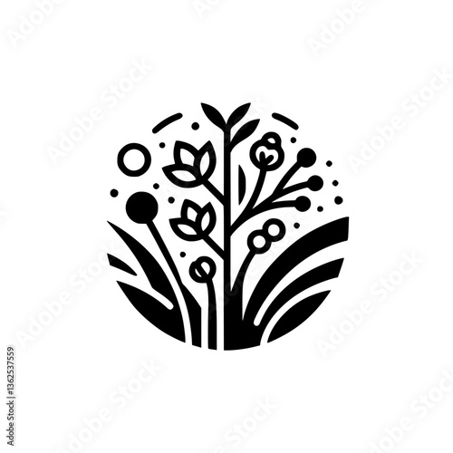 Minimalist Floral Design: Black and White Emblem with stylized flowers, leaves, and grass enclosed in a circular shape.