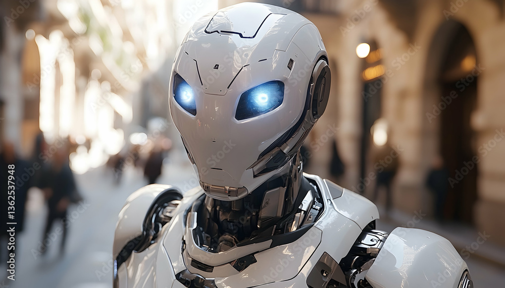 Fototapeta premium Futuristic robot standing in a busy street, gleaming with bright, blue eyes