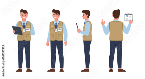 Character transformation in uniform with clipboard and tablet in flat vector art