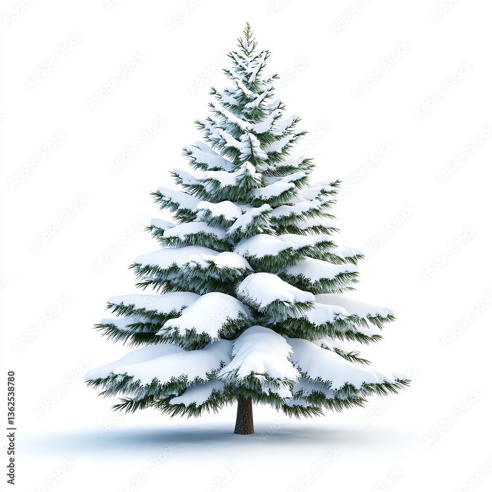 Fototapeta premium A majestic snow-covered evergreen tree epitomizing winter's beauty, perfect for seasonal themes and holiday designs.