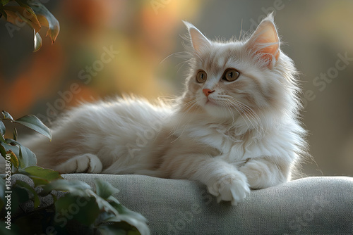 Fluffy kitten lounges on a surface with natural light and leaf