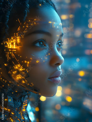 Futuristic woman gazes with lights glowing on skin and a blurred cityscape background