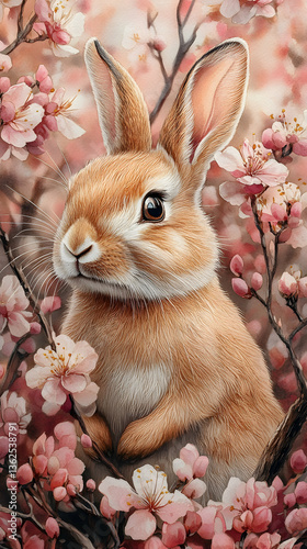 Fluffy rabbit amongst pale pink blooms