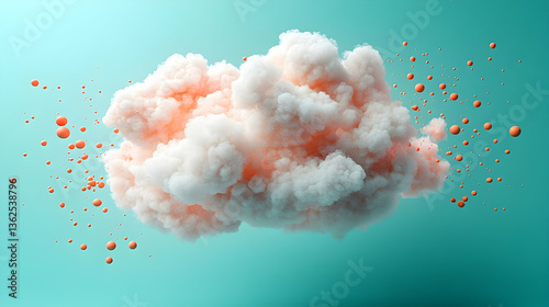 Fluffy, peach cloud with spheres over teal background