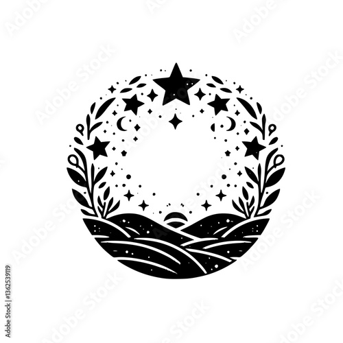 Celestial Wreath: Black and white circular design of night sky over rolling hills, stars, crescent moons, and leafy branches.