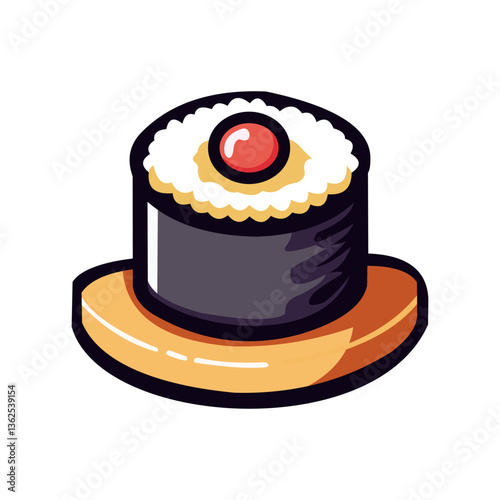 Minimalist sushi illustration featuring salmon nigiri, maki rolls, chopsticks, and sparkles in a flat style.