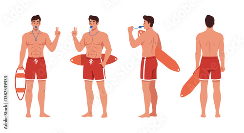 Lifeguard character showing different poses in flat vector art style vector illustration