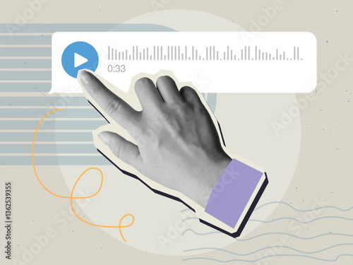 Hand makes click gesture on a play button on a voice message. Modern collage style. Vector illustration