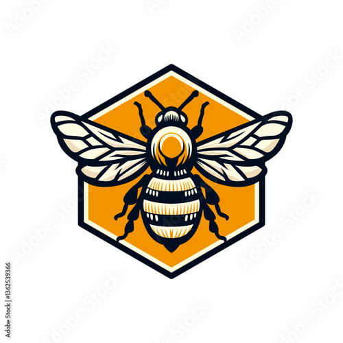 A detailed vector illustration of a bee with wings spread, placed over a hexagonal honeycomb background.