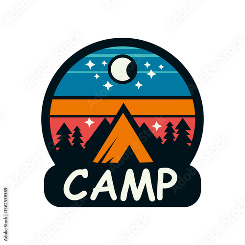 A minimalist camping badge design featuring a tent, pine trees, mountains, and a night sky with stars and moon.