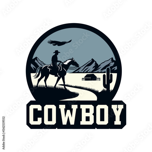 A vintage cowboy badge design featuring a cowboy on horseback, desert landscape, mountains, and a ranch.