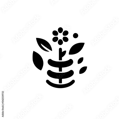Minimalist Black and White Plant Icon: Stylized flower, leaves, and a unique base form, set against a clean, blank background, for branding.