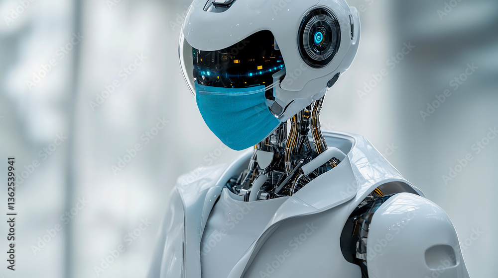 Cyborg in a helmet, a robot doctor in a facemask isolated on a white background.