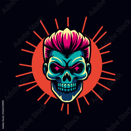 Neon-colored skull with slicked-back hair, glowing eyes, and a retro-futuristic punk aesthetic.