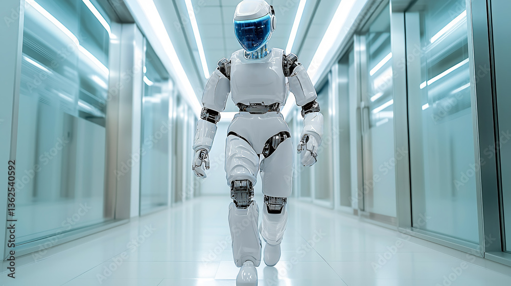 Cyborg, robot doctor walking in a corridor.