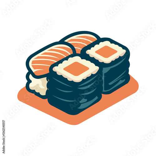 Minimalist sushi illustration featuring salmon nigiri, maki rolls, chopsticks, and sparkles in a flat style.