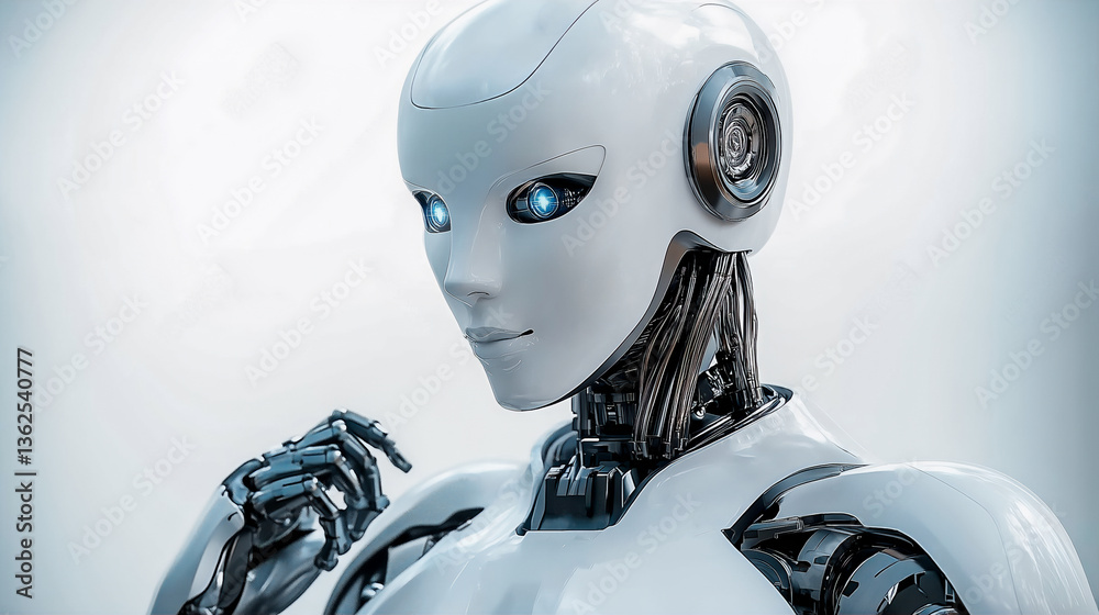 Cyborg with a white face and blue eyes isolated on a white background.