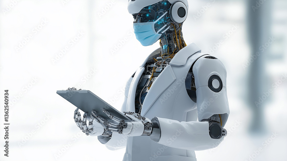 Cyborg, robot doctor in facemask with a notepad in hands.