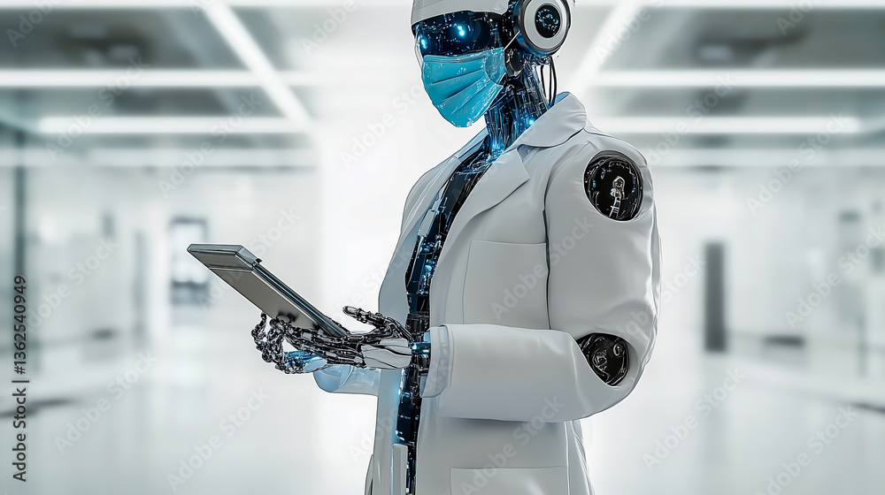 Cyborg, robot doctor in facemask with a notepad in hands.