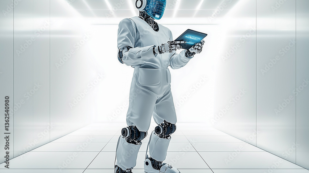 Cyborg, robot doctor with a notepad in hands.