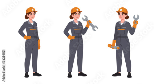 Female mechanic character in flat design holding tools in three frames vector illustration