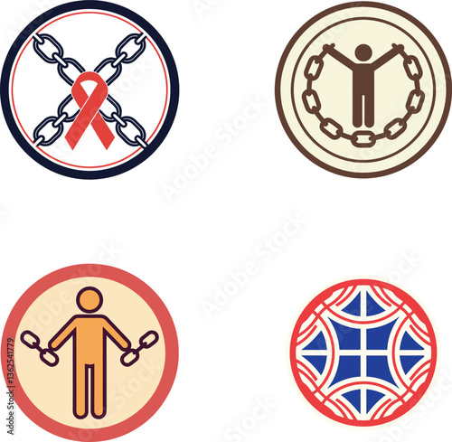 Four circular icons depicting different concepts of freedom and constraint.