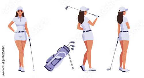 Female golfer in action poses with golf club and bag in flat vector art