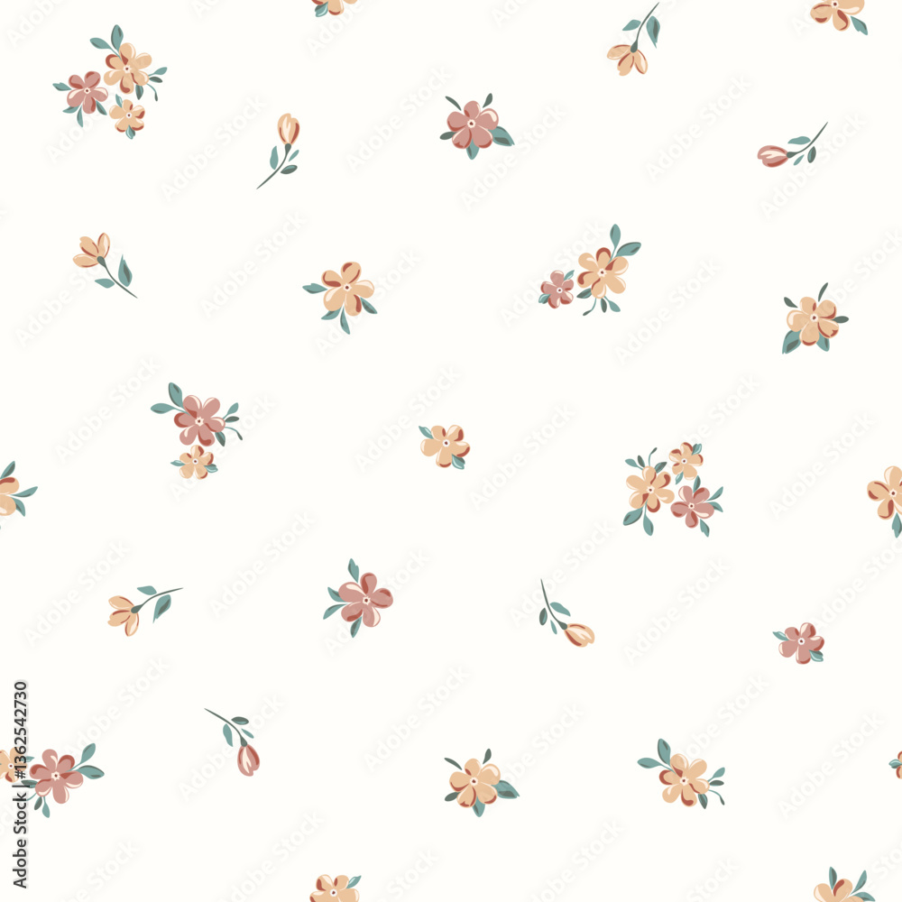 Vector illustration. Seamless Ditsy floral pattern of delicate small beige flowers on a light background. Liberty Floral pattern, field of flowers, print for fabric, textile, wallpaper