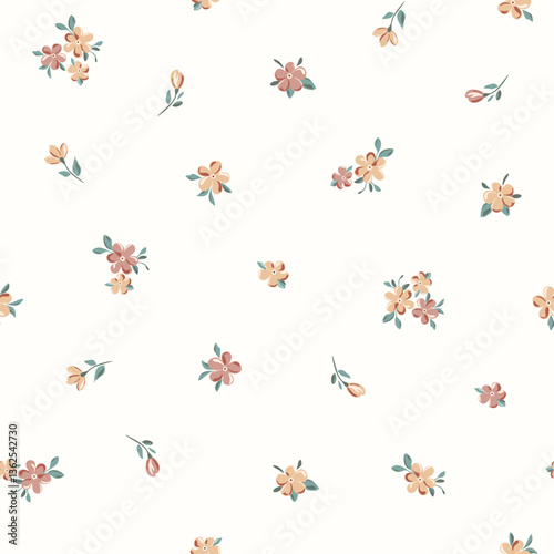 Vector illustration. Seamless Ditsy floral pattern of delicate small beige flowers on a light background. Liberty Floral pattern, field of flowers, print for fabric, textile, wallpaper