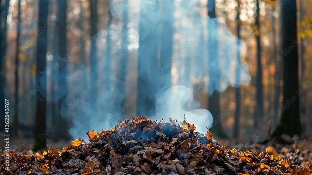 Atmospheric Autumnal Scene: Smoky Pile of Decaying Leaves in a Forest Setting Atmospheric Autumnal Scene: Smoky Pile of Decaying Leaves in a Forest Setting