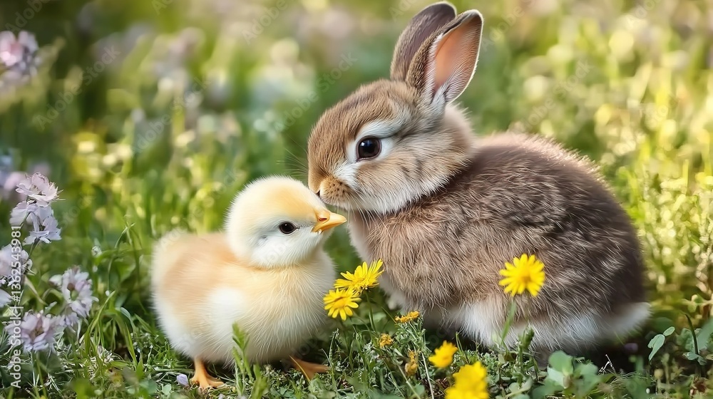 Fototapeta premium Heartwarming Animal Duo of Baby Bunny and Chick Cuddling in Sunlit Spring Meadow with Daisies, Adorable Wildlife Theme for Educational Posters, Gift Wrap Designs, or Social Media Story Covers.