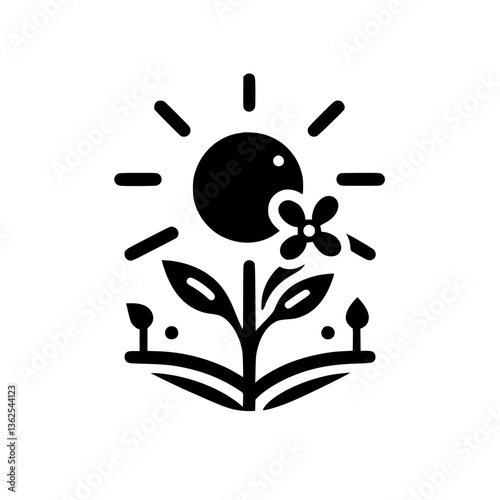 A stylized, symmetrical black and white illustration depicting a blossoming flower, sun, and sprouting plants, representing growth and nature.