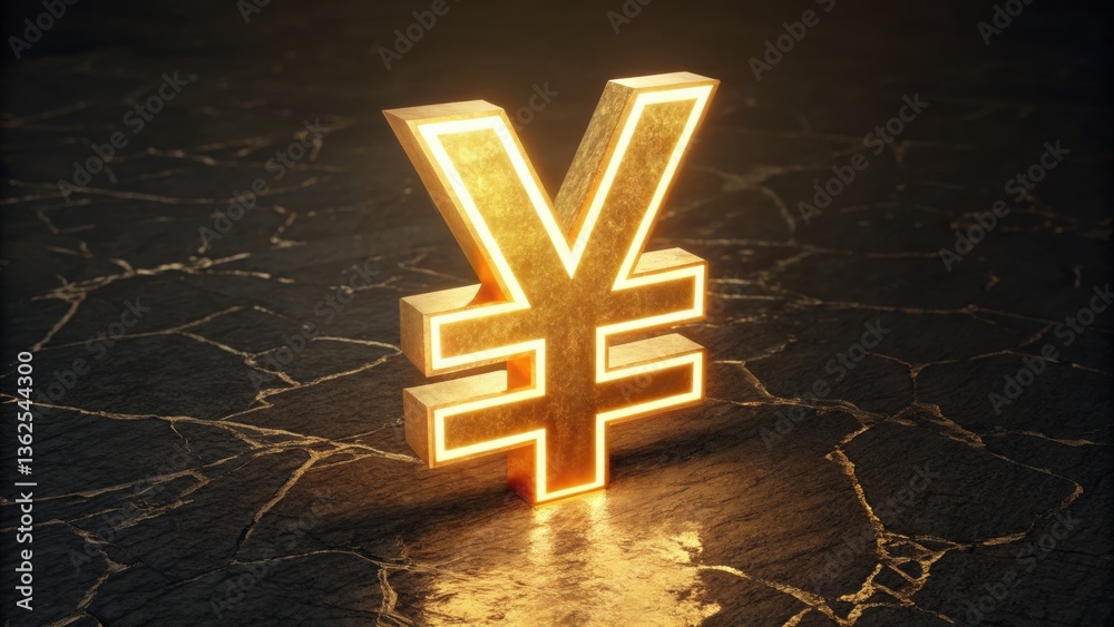 Fototapeta premium Illuminated Yen Symbol: A striking, gold-colored yen symbol glows against a sophisticated, textured dark surface, embodying financial strength and global economics.