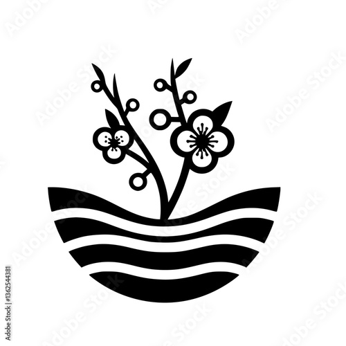 A stylized black and white illustration of blossoming branches emerging from a striped vessel, minimalist floral design.