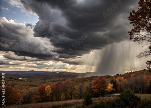 Autumnal downpour over a vast landscape of fall foliage, a dramatic display of nature's power under a brooding sky.