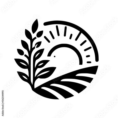 Minimalist agricultural emblem featuring a stylized sun over a harvested field and a leafy plant, symbolizing growth.